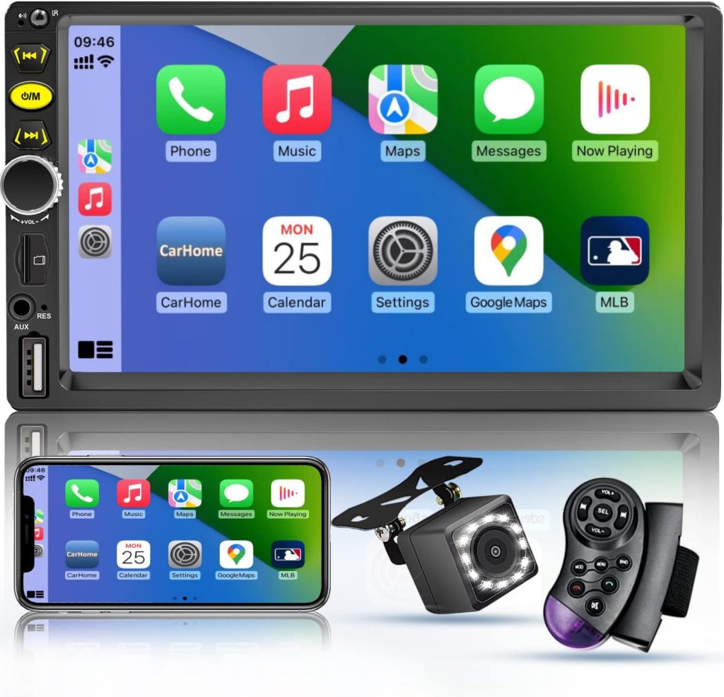 7 Double Din Touch Screen Car Radio with Apple CarPlay,7 Inch Bluetooth Car Stereo with Backup Camera, FM Steering Wheel Controls,Mirror Link Navigation,USB/TF/Subwoorf/240 watts