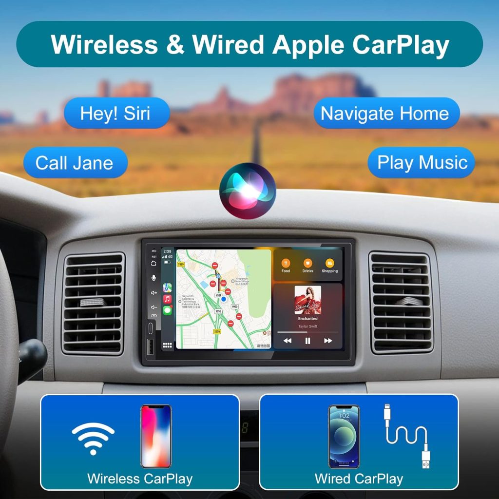7 Inch Android Double Din Car Stereo Wireless CarPlay  Wireless Android Auto,2+32G Touchscreen Car Radio Receiver with Dual Bluetooth,Live Rearview Camera,AM/FM/RDS, Type C Fast Charge,DSP/Subw