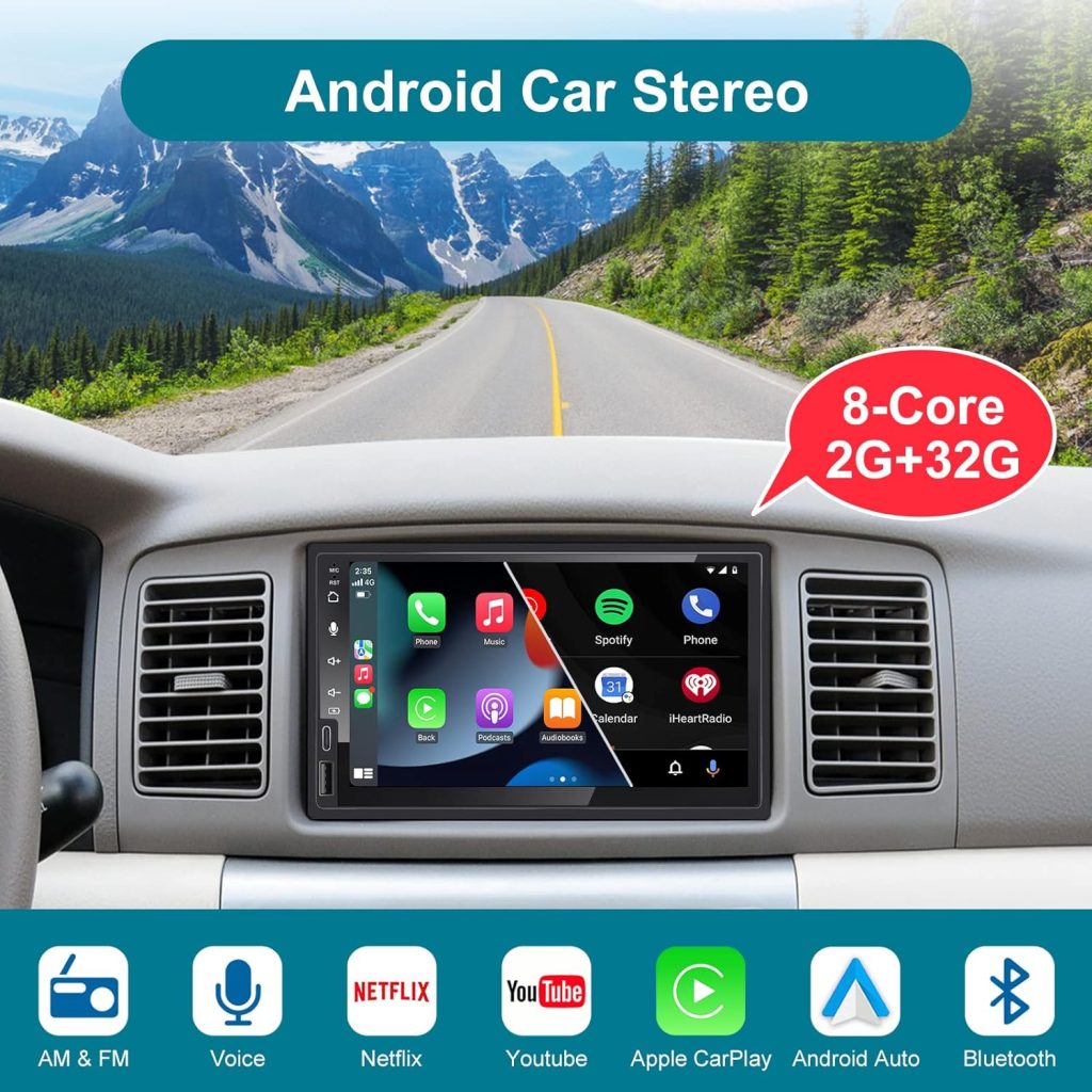 7 Inch Android Double Din Car Stereo Wireless CarPlay  Wireless Android Auto,2+32G Touchscreen Car Radio Receiver with Dual Bluetooth,Live Rearview Camera,AM/FM/RDS, Type C Fast Charge,DSP/Subw