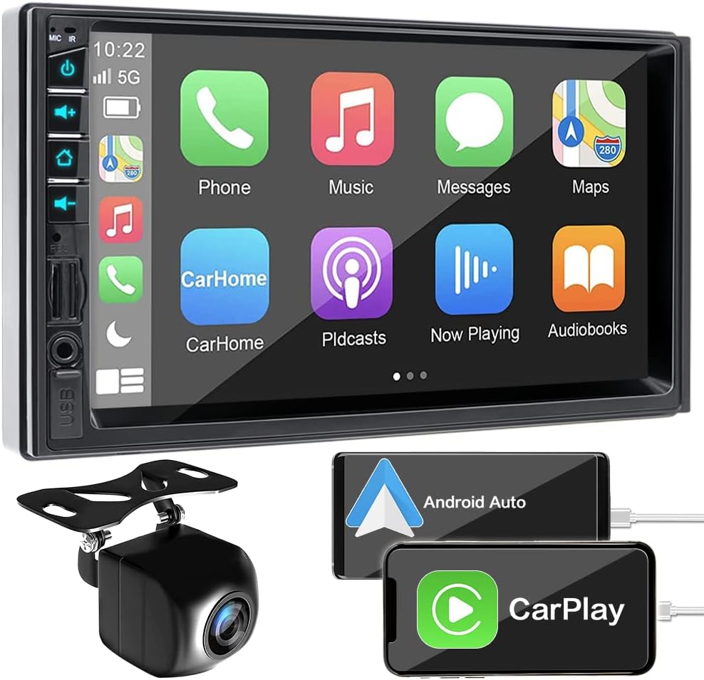 7 Inch Double Din Car Stereo for Apple Carplay  Android Auto with Voice Control,Bluetooth5.2,MirrorLink, Car Radio with Waterproof Front/Backup Camera,Subwoofer,HD Touch Screen SWC/USB/SD AM/FM/AUX