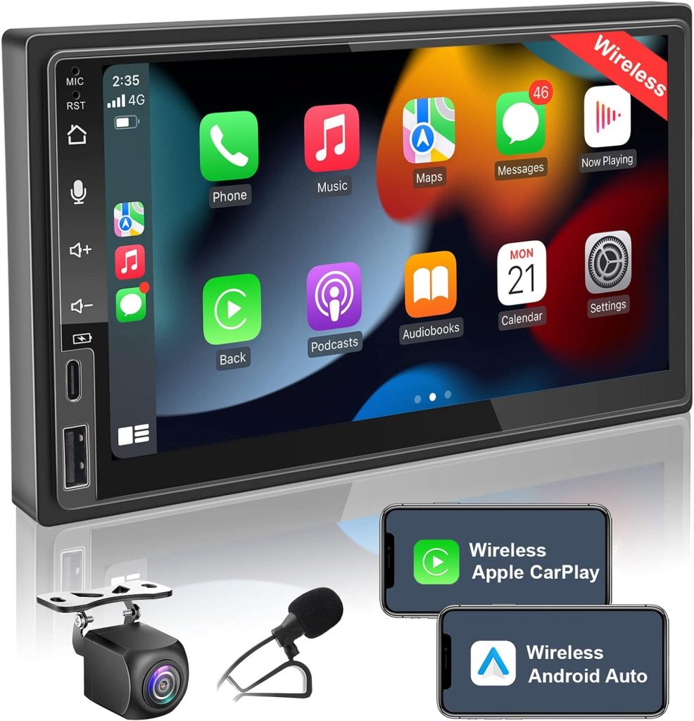 7 Inch Double Din Car Stereo with Wireless CarPlay  Wireless Android Auto,Car Radio Touchscreen with Bluetooth,Live Rearview Camera,Type C Fast Charge,Airplay,USB/SWC/AUX,AM/FM Car Radio
