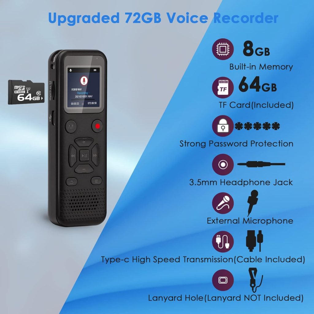 72GB Digital Voice Activated Recorder: Portable Tape Recorder with Playback Audio Recording Device for Lectures Meetings, Small Dictaphone Sound Recorder with Line in | Password | Support TF Expansion : Electronics
