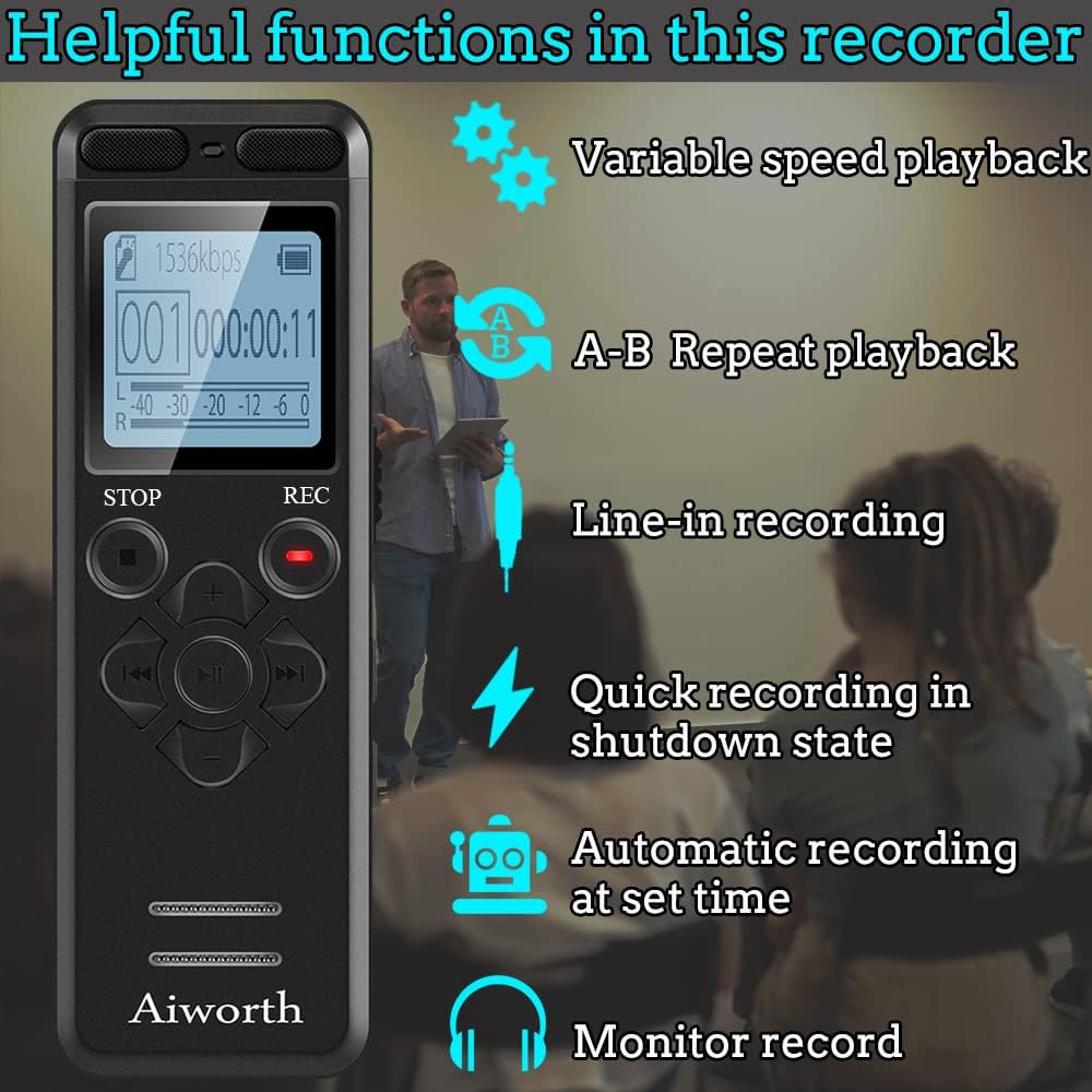 72GB Digital Voice Recorder Voice Activated Recorder for Lectures Meetings - aiworth 5220 Hours Sound Audio Recorder Dictaphone Recording Device with Playback,MP3 Player,Password,Variable Speed