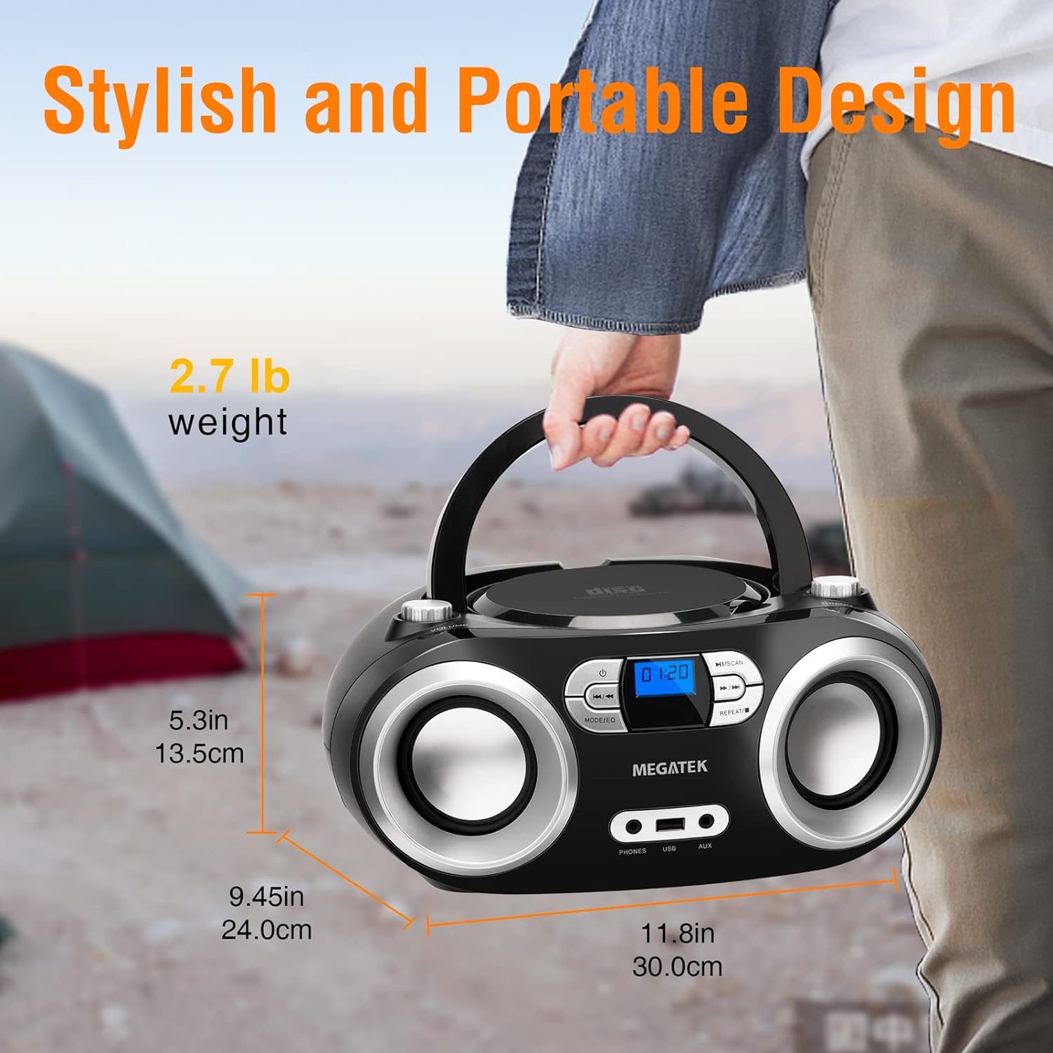 MEGATEK Portable CD Player Boombox with FM Radio, Bluetooth, and USB Port |  Clear Stereo Sound | CD-R/RW and MP3 CDs Compatible | 3.5mm Aux Input and