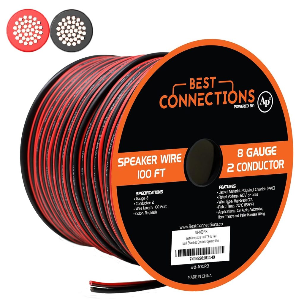 8 Gauge Speaker Wire - Red/Black (100 Feet) Car Audio Home Theater Sub Woofer Stranded Cable 2 Conductor Power Ground
