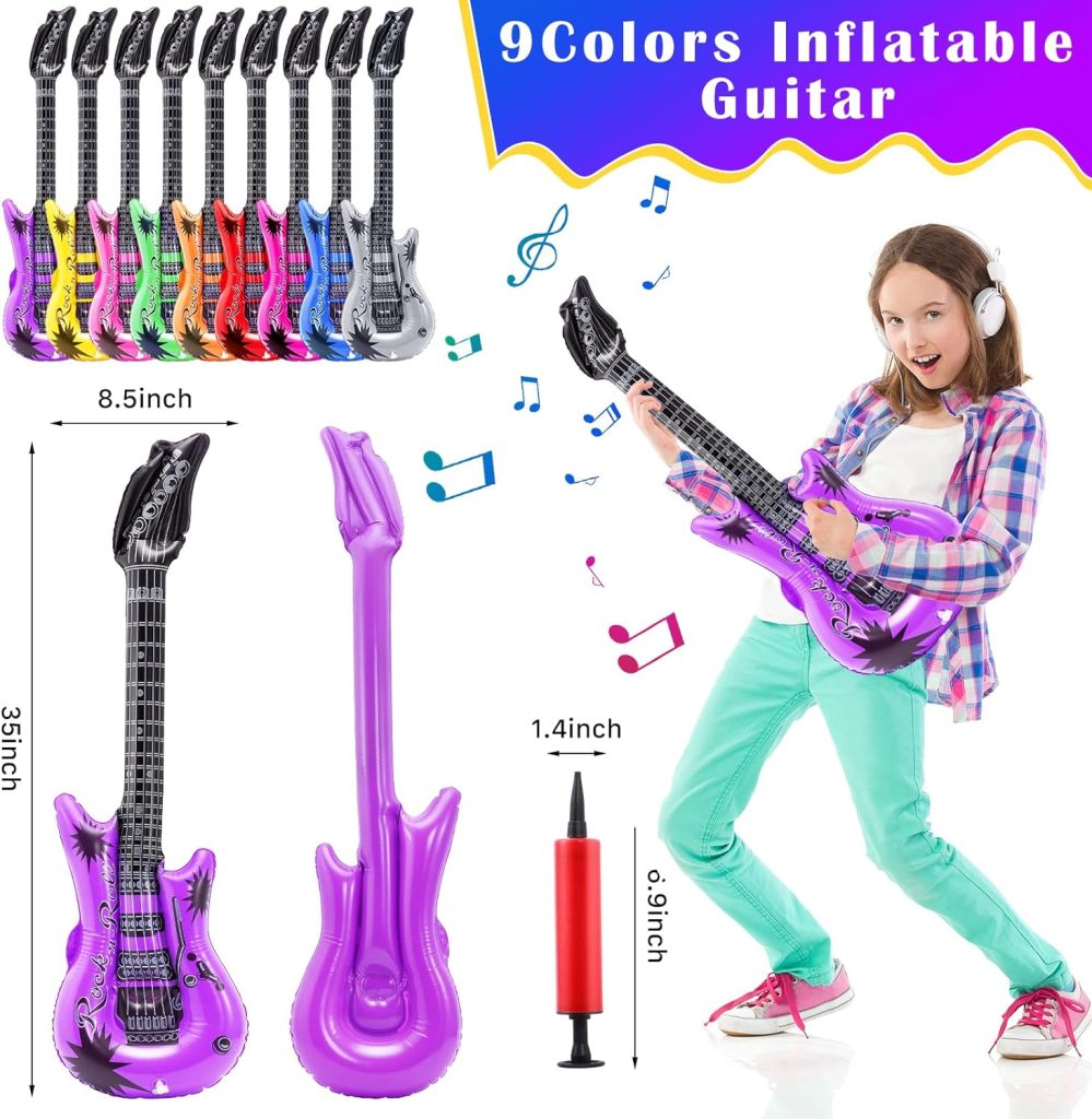 9 Pack Inflatable Guitar,Assorted Colors Blow Up Guitar,36 Inch Rock Star Guitar Toy,Colorful Inflatable Guitars Rock N Roll Party Favor for 80s 90s Themed Party Birthday Carnival Decoration