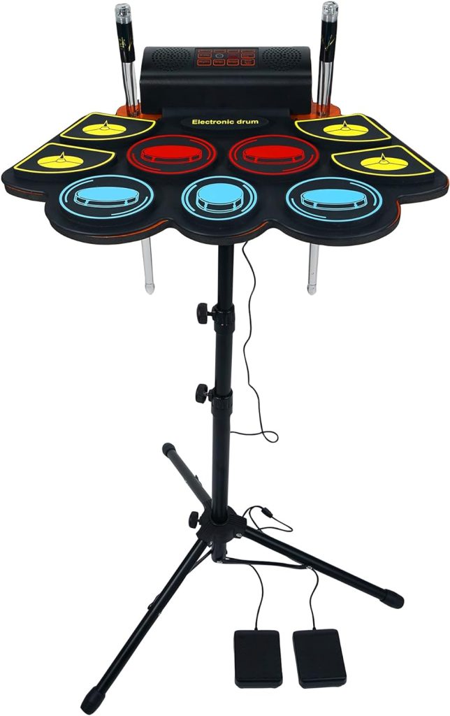 (9 Pads) Electronic Drum Set with Light Up Drumsticks and Stand, Electronic Drum Pad with 5 Different Drum Kit, 10 Unique Rhythms, Bulit-in Double Speakers, Roll Up Drum Kit, Kids Drum Set