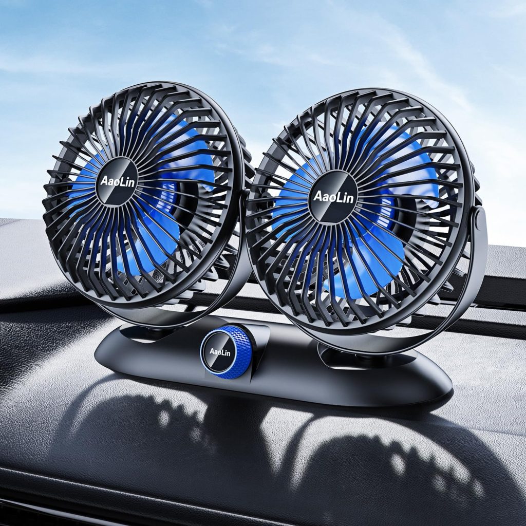 AaoLin Car Fan - 2023 Upgraded Dual Head USB Fan for Car with Powerful Cooling - 360° Rotation, Stepless Speed Desk Fan for Sedan SUV RV Truck Cruise, Home Office Desktop—【USB Powered】