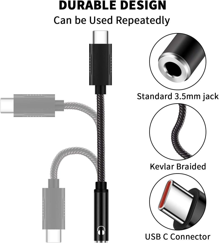 ACAGET cUSB C to 3.5mm Headphone Adapter, USB Type C Dongle Audio Jack Converter DAC Chip Braided Cable Aux Earbuds Adapter for Samsung S21 S22 Ultra S23 FE S20 Galaxy A53 A54 iPhone 15 Pro Max Black