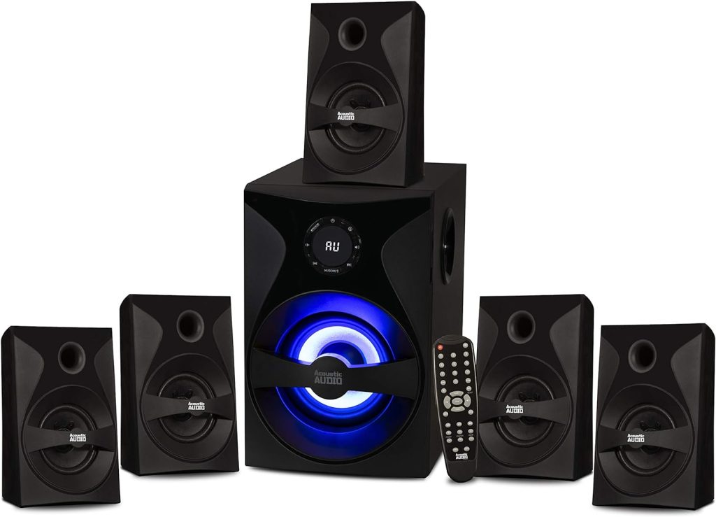 Acoustic Audio by Goldwood Bluetooth 5.1 Surround Sound System with LED Light Display, FM Tuner, USB and SD Card Inputs - 6-Piece Home Theater Speaker Set, Includes Remote Control - AA5400 Black