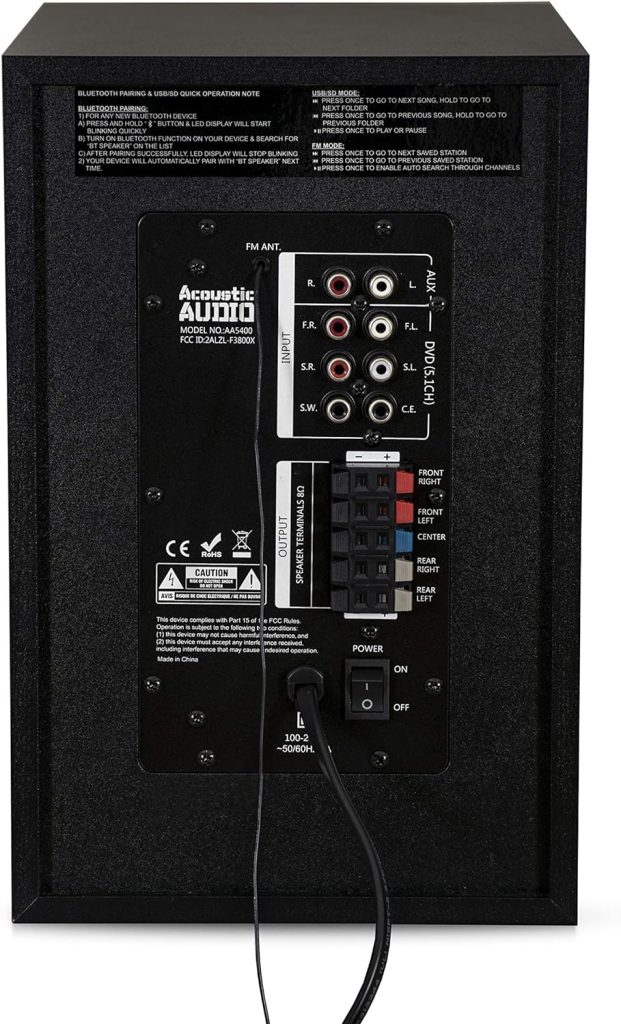Acoustic Audio by Goldwood Bluetooth 5.1 Surround Sound System with LED Light Display, FM Tuner, USB and SD Card Inputs - 6-Piece Home Theater Speaker Set, Includes Remote Control - AA5400 Black