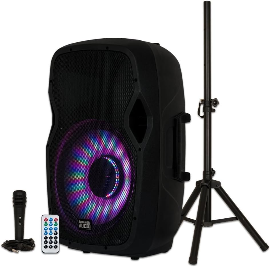 Acoustic Audio by Goldwood Bluetooth LED Light Display Speaker Set - Includes Remote Control and Stand - 15 Inch Portable Sound System, 1000W - AA15LBS, Black, 16 x 14 x 27 Inches