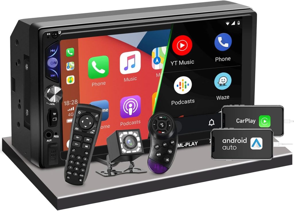 ACTASIAN Double Din Car Stereo with Apple Carplay and Android Auto,7 Inch Touchscreen Car Radio with Backup Camera,Bluetooth,Mirror Link,FM/MP3/USB/TF/SWC/Subwoofer,Aux Input