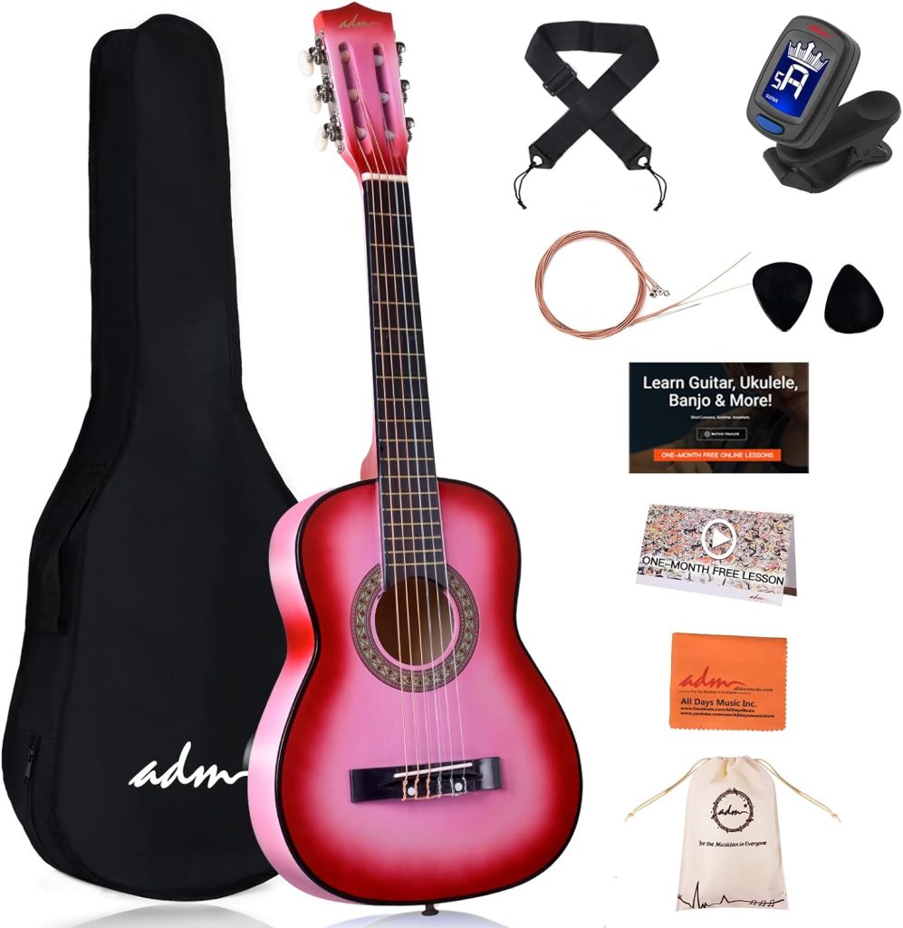 ADM Beginner Acoustic Classical Guitar 30 Inch Nylon Strings Wooden Guitar Bundle Kit for Kid Boy Girl Student Youth Guitarra Free Online Lessons with Gig Bag, Strap, Tuner, Strings, Picks, Hot Pink