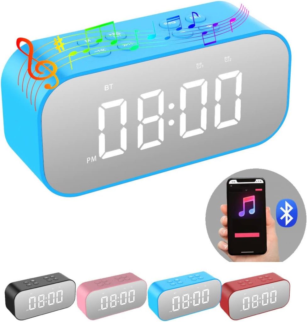 AFK Digital Alarm Clock with Bluetooth Speaker,Desk Clock for Bedroom/Office,Small Table Clock with Dual Alarms,Snooze,Dimmable LED Display,Hands-Free Calling.(12H Format,Blue)