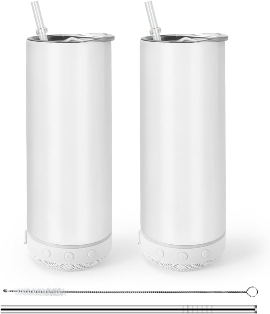 AGH 2 Pack Music Speaker Tumbler with Straw and Lid,20oz Sublimation Skinny Stainless Steel Double Wall Tumbler,Speaker Tumbler Cup with Detachable LED Light,Suitable for DIY Gifts（White）