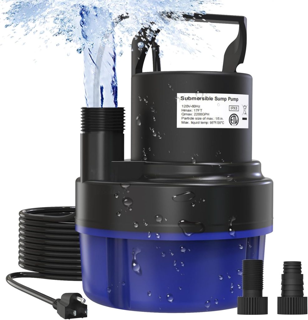 AgiiMan 1/2 HP Submersible Sump Pump - 2200 GPH Portable Utility Water Pump for Pool Draining, Electric Pool Water Transfer Pump with 25 FT Power Cord for Basement, Garden Pond