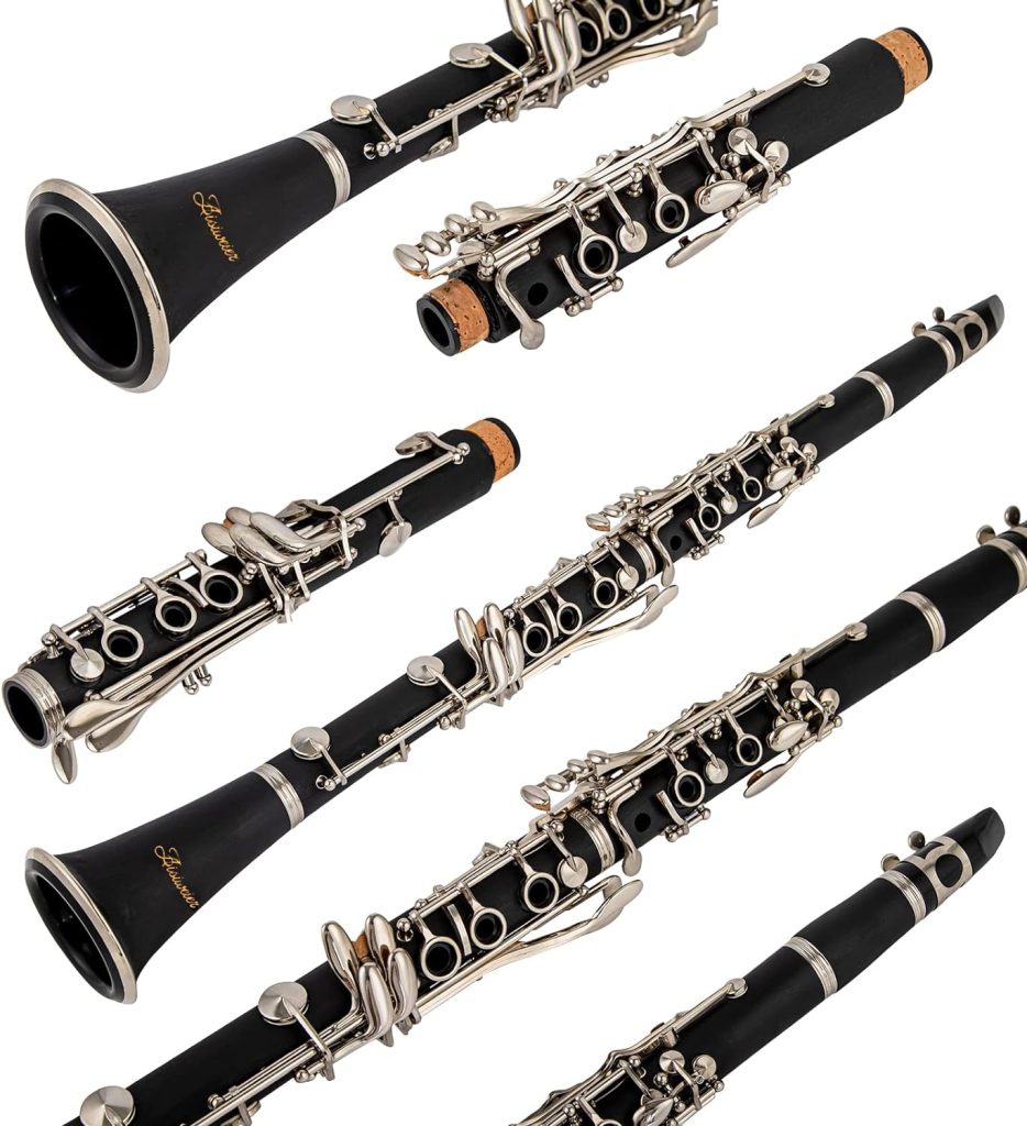 Aisiweier B-Flat Clarinet Black Ebonite Clarinet For Student Beginner, With Nickel-plated Keys,Belt, Joint Grease, White Gloves, Soft Polishing Cloth, 8 Mouthpiece Cushion, Hard clarinets