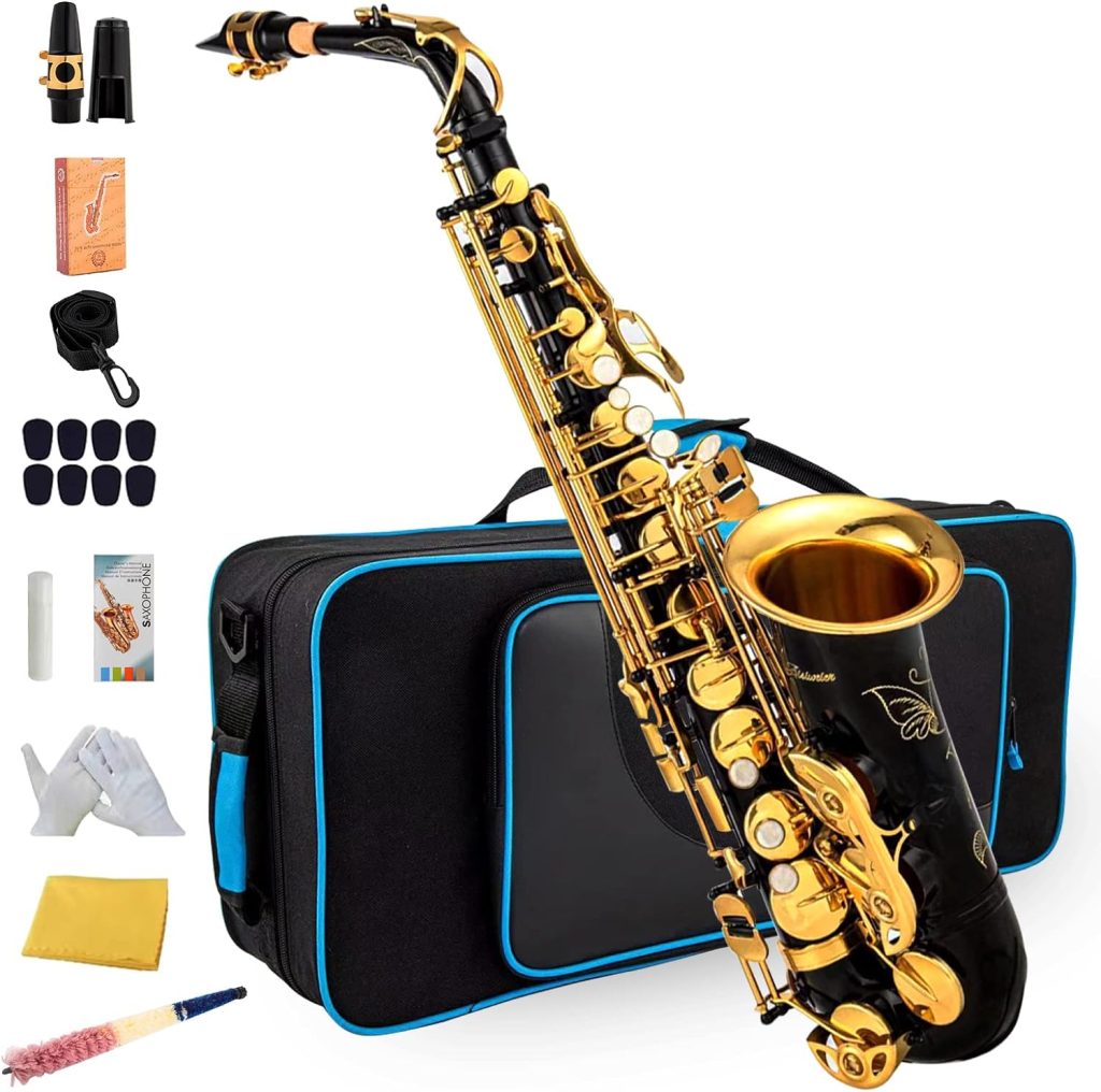 Aisiweier Black/gold keys E Flat Alto Saxophone Brass Engraved Eb E-Flat Natural White Shell Button Wind Instrument with Case Belt Brush (Black/gold keys)