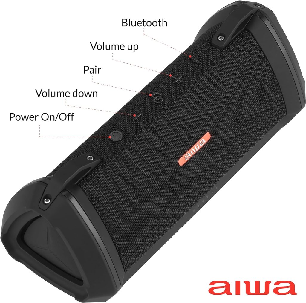 Aiwa Exos-3 Waterproof Bluetooth Speaker, 60W Peak Power, 20-Hour Playtime, Stereo Sound, USB-C Charging, IPX7 Waterproof, Wireless Pairing, Perfect for Outdoor Adventures