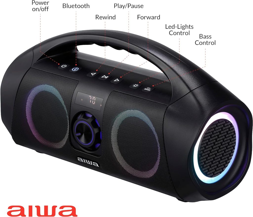 AIWA Portable Boombox - Waterproof Bluetooth Speaker, Rechargeable Wireless Boombox with Multi Color LED Lighting and Digital Display, AUX Input and Carry Handle, 15 Hour Playtime