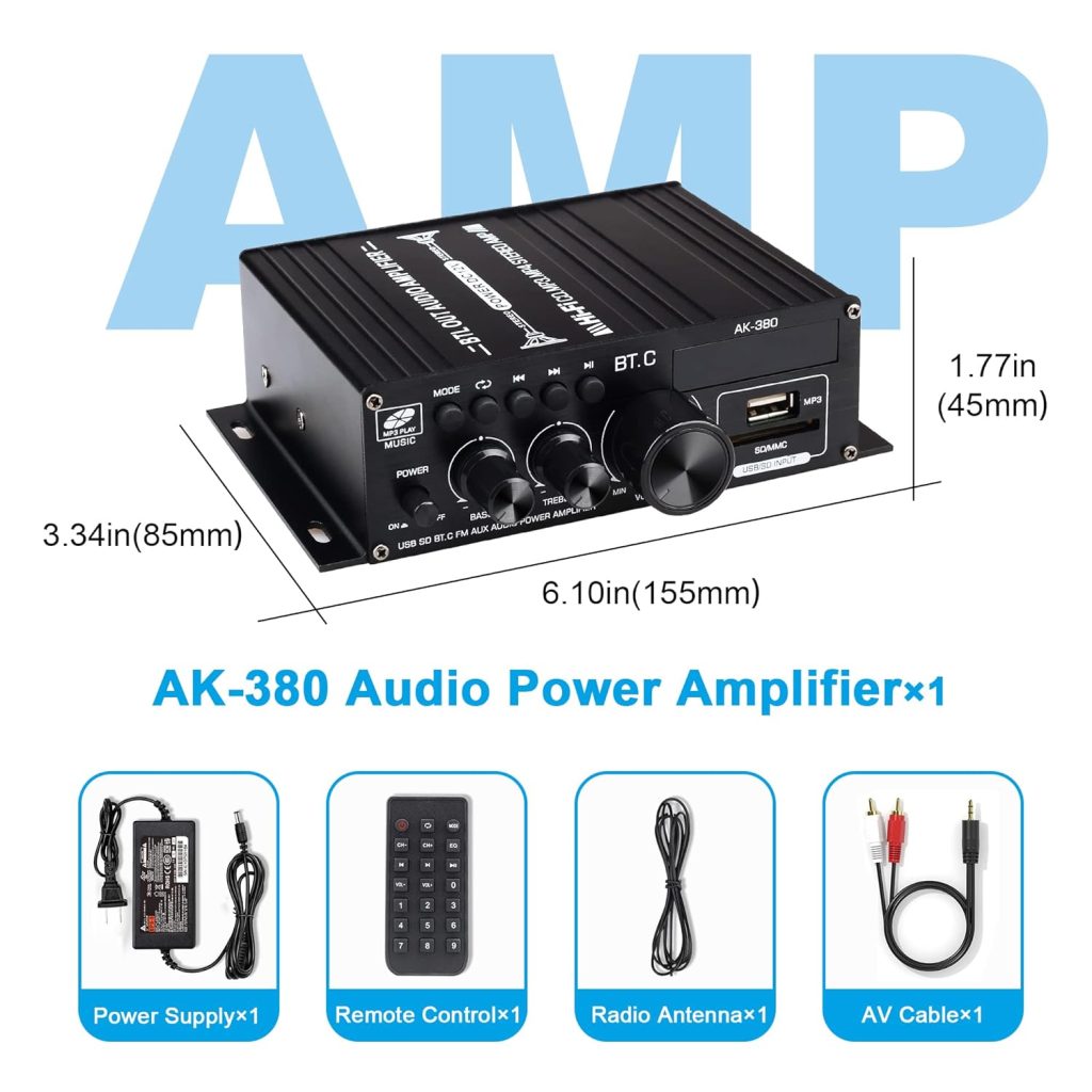 AK-380 Bluetooth Amplifier with Remote Control Function, 2.0 Bluetooth Amplifier Supports Bluetooth/USB/AUX/RCA Input and FM Radio Function (with 12V/5A DC Power Supply)