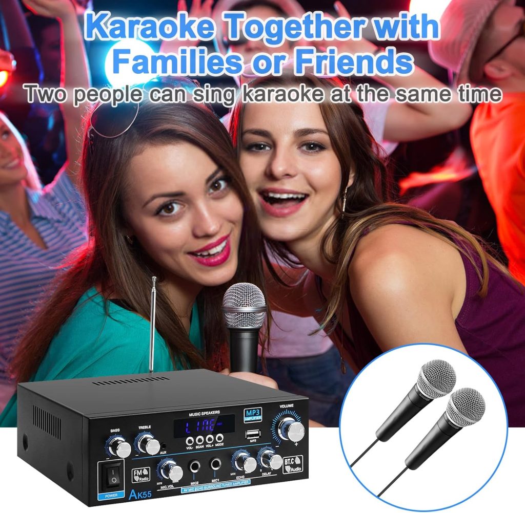 AK-380 USB SD BT.C FM AUX Audio Power Amplifier 400W+400W 2.0 CH HiFi Stereo AMP Speaker Bluetooth 5.0 Amp Receiver with 12V 5A Power Supply,Remote Control,FM Antenna for Car Home Bar Party