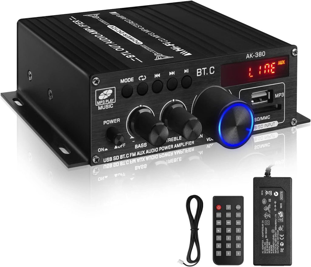 AK-380 USB SD BT.C FM AUX Audio Power Amplifier 400W+400W 2.0 CH HiFi Stereo AMP Speaker Bluetooth 5.0 Amp Receiver with 12V 5A Power Supply,Remote Control,FM Antenna for Car Home Bar Party