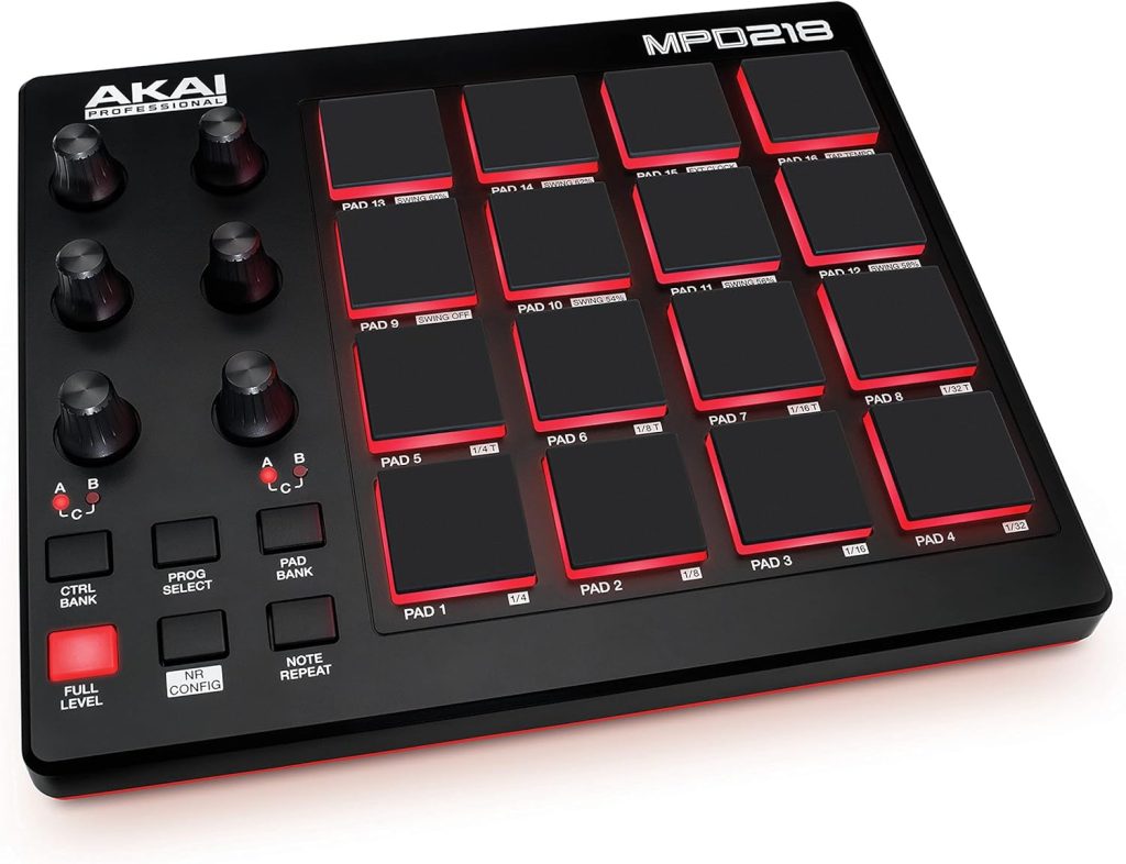 AKAI Professional MPD218 - USB MIDI Controller with 16 MPC Drum Pads, 6 Assignable Knobs, Note Repeat  Full Level Buttons and Production Software