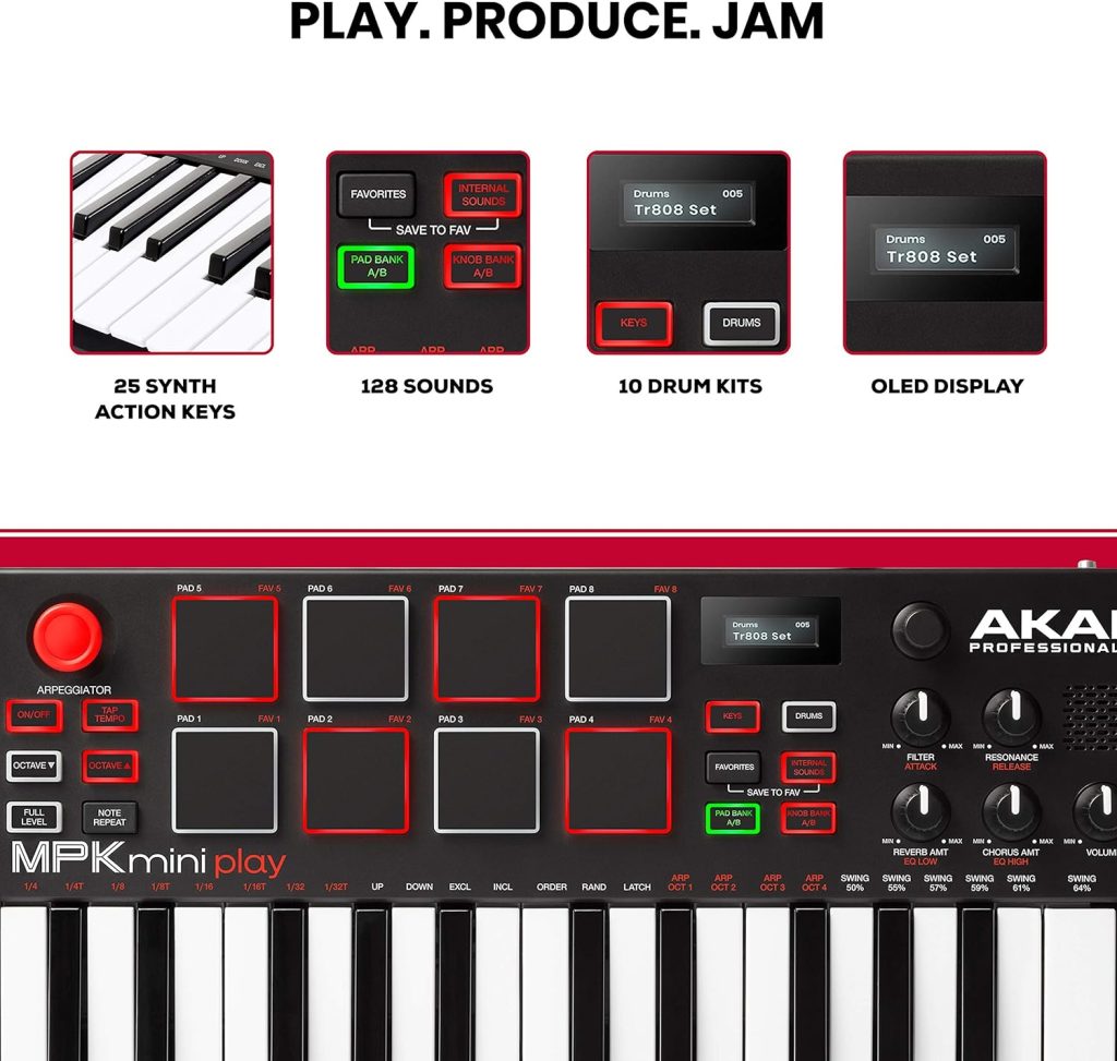AKAI Professional MPK Mini Play – USB MIDI Keyboard Controller With a Built in Speaker, 25 mini Keys, Drum Pads and 128 Instrument Sounds
