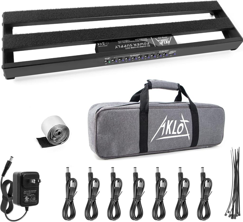 AKLOT Guitar Pedal Board with Built-in Power Supply Guitars Effect Pedalboard Aluminium Alloy Power Supply 19 x 5 with Bag, Pedal Cable, Velcro
