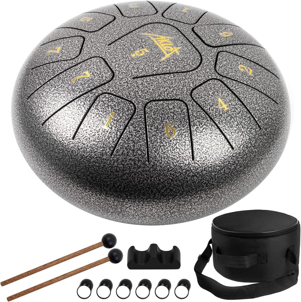 AKLOT Steel Tongue Drum 10 Inches 11 Notes - Percussion Instruments - HandPan Tank Drum C Key with Drum Mallets Stickers Finger Picks and Gig Bag