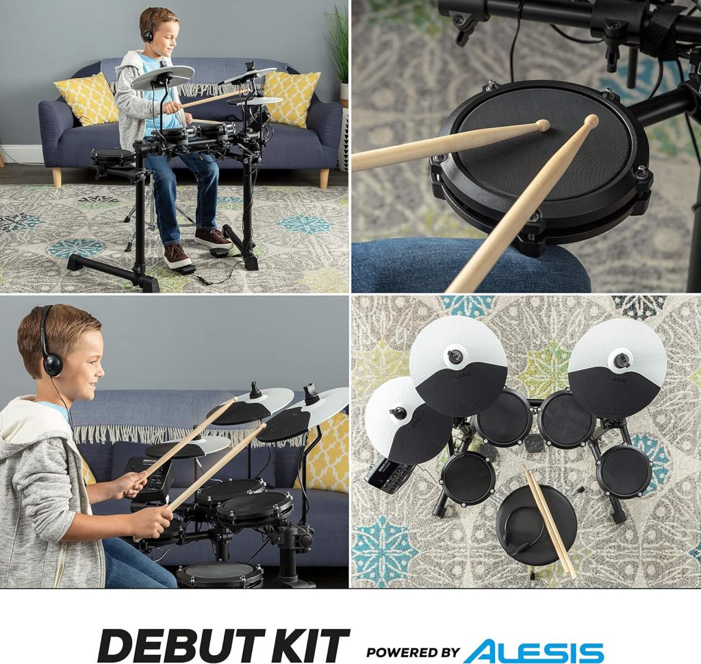 Alesis Drums Debut Kit – Kids Drum Set With 4 Quiet Mesh Electric Pads, 120 Sounds, Stool, Sticks, Headphones and 60 Melodics Lessons