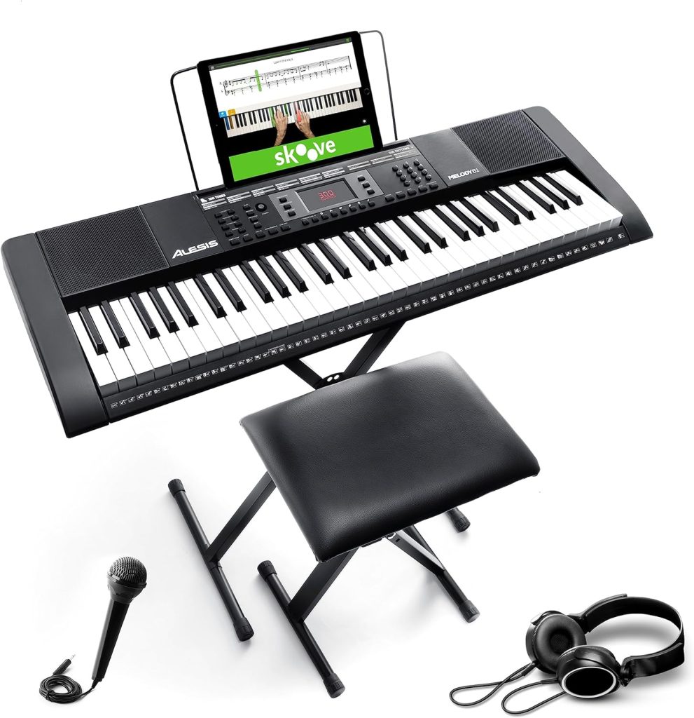 Alesis Melody 61 Key Keyboard Piano for Beginners with Speakers, Stand, Bench, Headphones, Microphone, Sheet Music Stand, 300 Sounds and Music Lessons