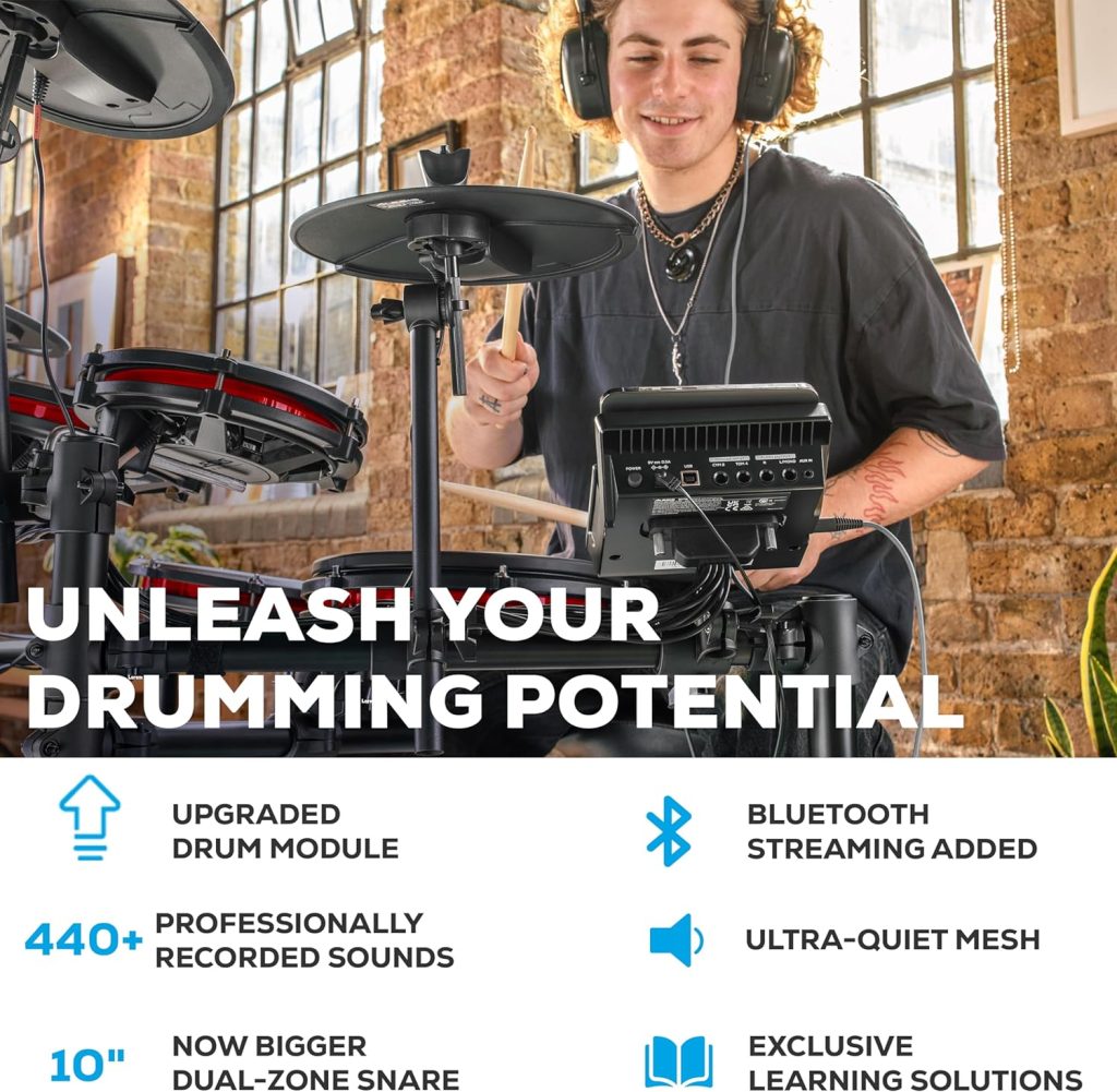 Alesis Nitro Max Kit Electric Drum Set with Quiet Mesh Pads, 10 Dual Zone Snare, Bluetooth, 440+ Authentic Sounds, Drumeo, USB MIDI, Kick Pedal