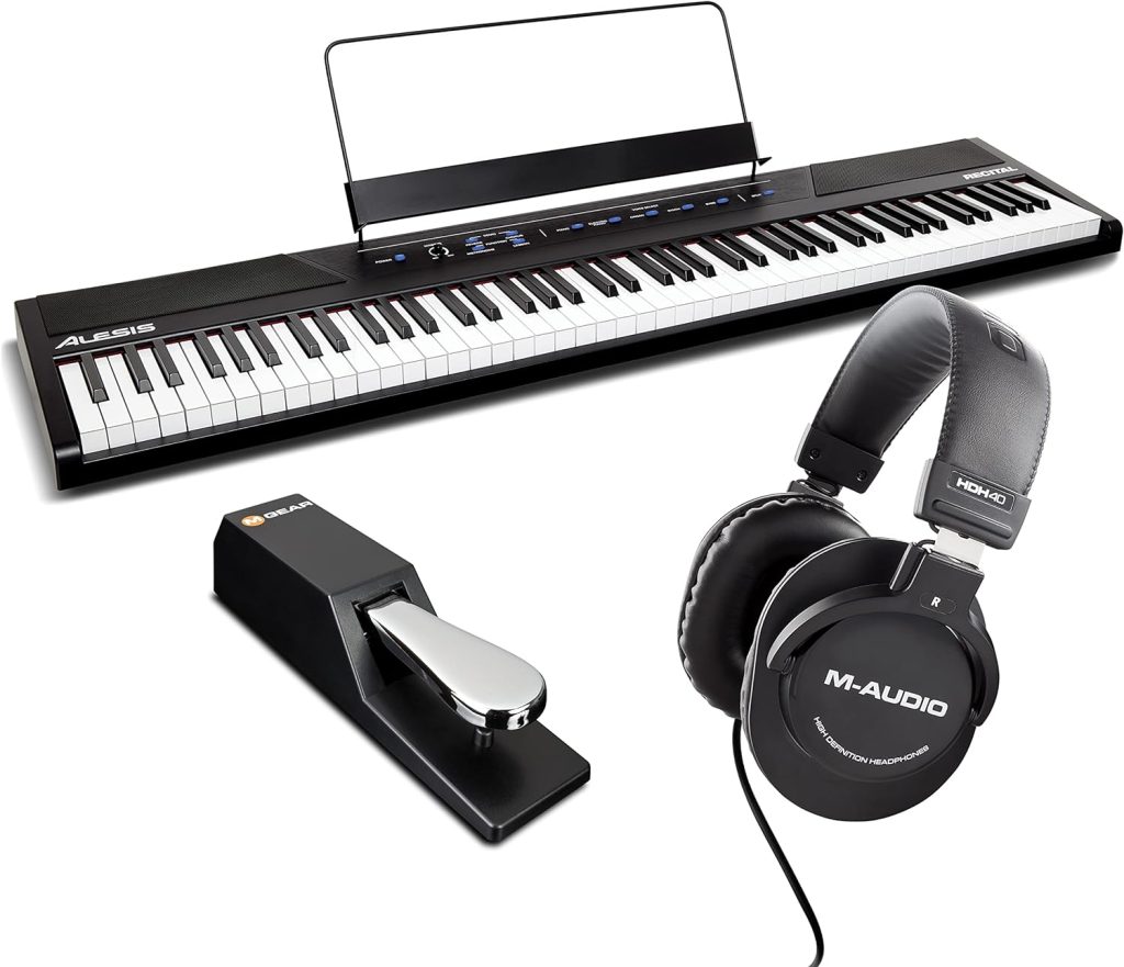 Alesis Recital – 88 Key Digital Piano Keyboard with Semi Weighted Keys, 5 Voices, Piano Lessons, M-Audio Sustain Pedal and HDH40 Piano Headphones