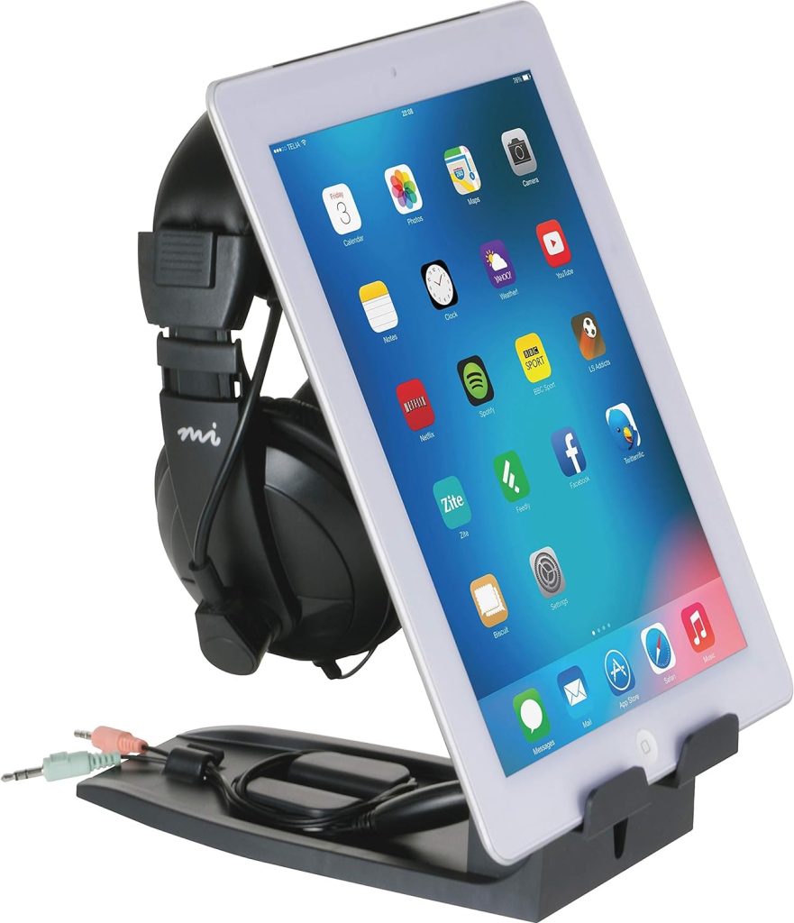 Allsop Headset Hangout, Universal Headphone Stand  Tablet Holder, Adjustable with 4 Viewing Angles and Cord Management System (31661),Black, 9.5 x 3.5 x 8