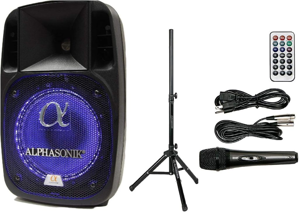 Alphasonik 12 Powered 2000W PRO DJ Amplified Loud Speaker Bluetooth USB SD Card AUX MP3 FM Radio PA System LED Ring Karaoke Mic Main Monitor, Band Church, Party, Guitar Amp, Home, BBQ w/Tripod Stand