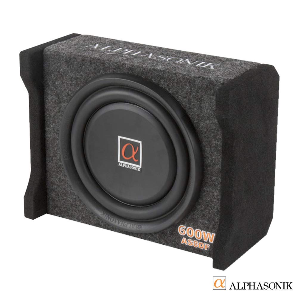 Alphasonik AS8DF 8 inch 600 Watts 4-Ohm Down Fire Shallow Mount Flat Enclosed Sub woofer for Tight Spaces in Cars and Trucks, Slim Thin Loaded Subwoofer Air Tight Sealed Bass Enclosure