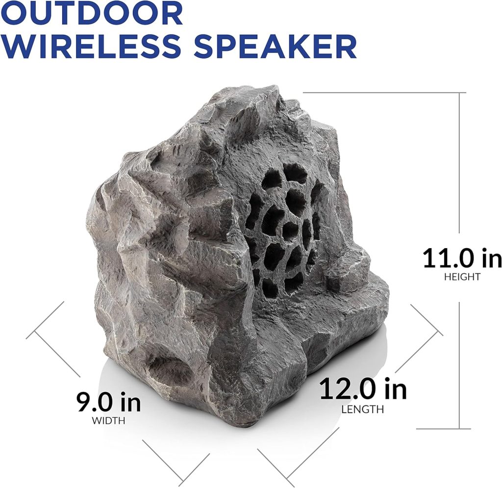 Alpine Corporation Waterproof Bluetooth Solar-Powered Outdoor Wireless Rock Speaker with Rechargeable Battery, Gray