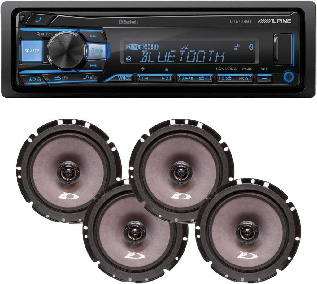 Alpine UTE-73BT Bluetooth Car Stereo with 4 SXE-1726S 220W Coaxial Speakers. No-CD Mechless Digital Media Receiver Head Unit