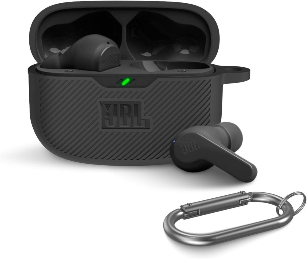 Alquar for JBL Vibe 200TWS Case Cover, Silicone Protective Portable Scratch Shock Cover Compatible with JBL Vibe Beam/JBL Vibe 200TWS True Wireless Headphones Charging Case with Carabiner(Black)