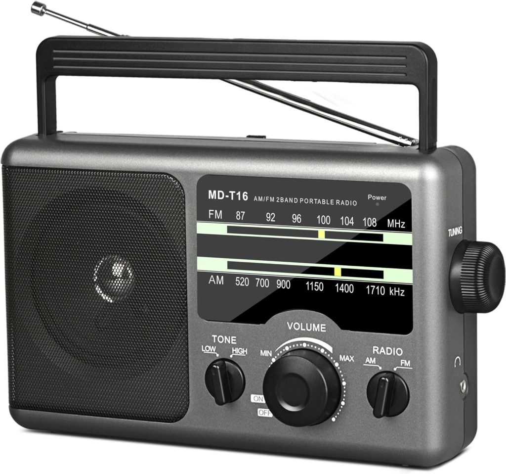 AM FM Portable Radio Battery Operated Radio by 4X D Cell Batteries Or AC Power Transistor Radio with and Big Speaker, Standard Earphone Jack, High/Low Tone Mode, Large Knob