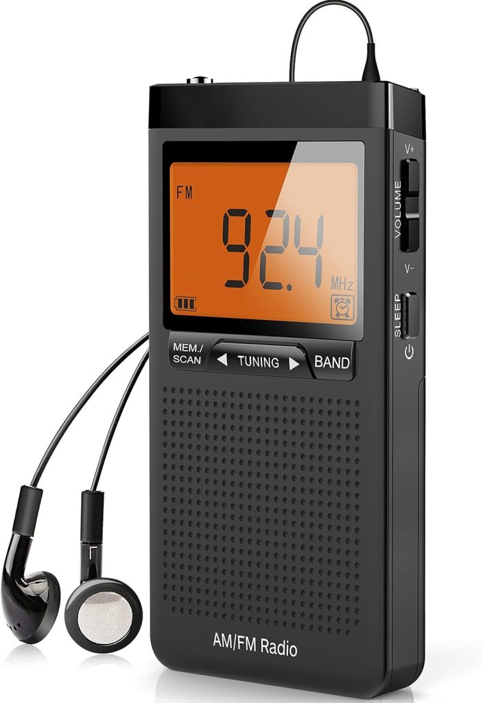 AM FM Portable Radio Personal Radio with Excellent Reception Battery Operated by 2 AAA Batteries with Stero Earphone, Large LCD Screen, Digtail Alarm Clock Radio