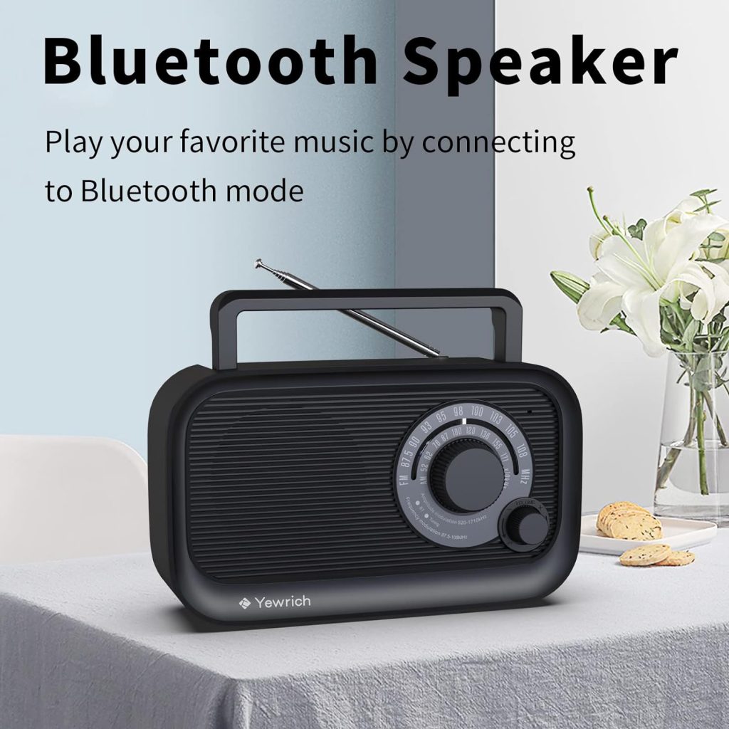 AM FM Radio with Best Reception, Bluetooth Speaker Portable Radio, DSP Plug in Wall Radio Battery Operated or AC Power with Headphone Jack, Large Tuning Knob for Home Kitchen Outdoor, Black