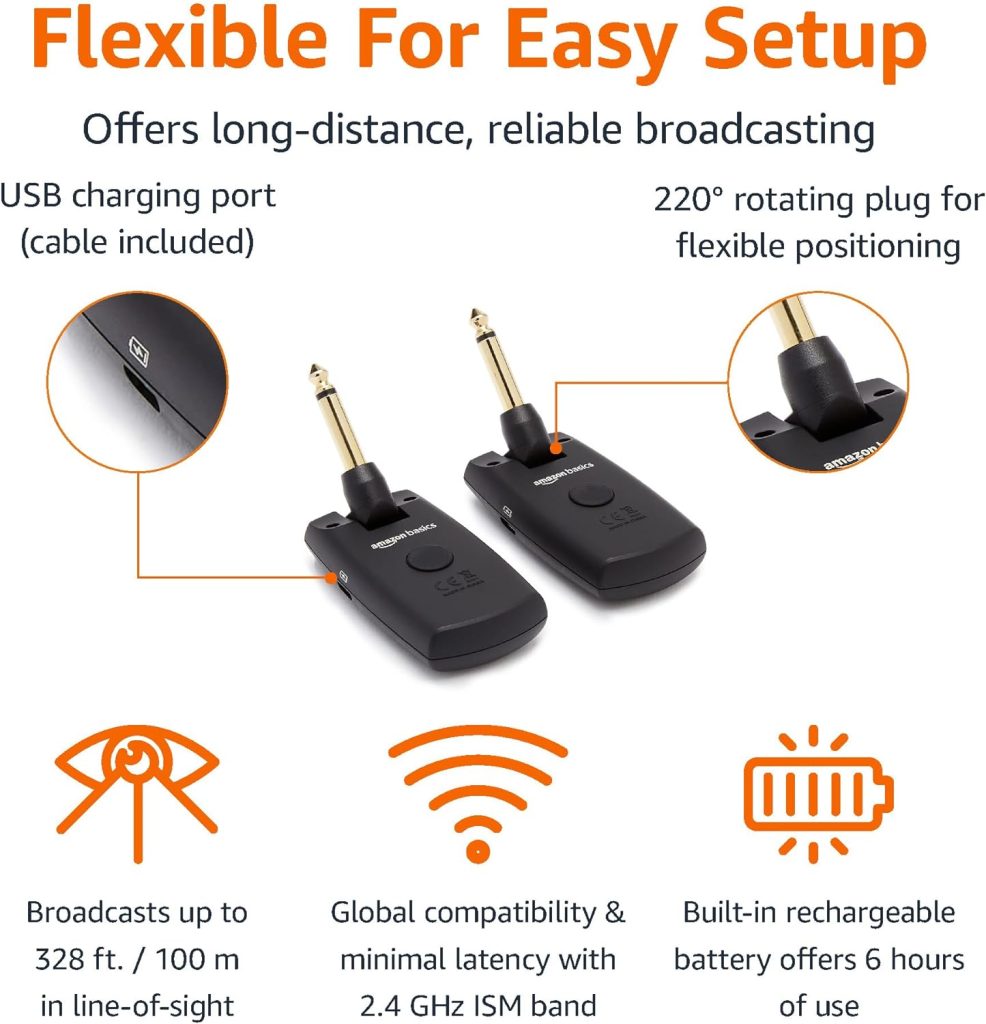 Amazon Basics Digital Wireless Guitar System Transmitter/Receiver with Rechargeable Batteries, Black