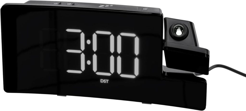 Amazon Basics Rectangular Projection Alarm Clock with FM Radio, USB Phone Charging, Battery Backup, Black