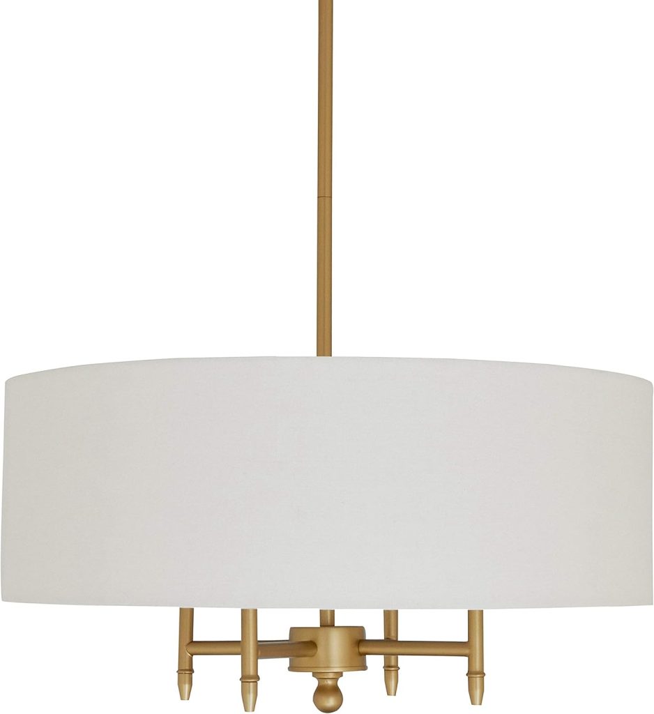 Amazon Brand – Stone  Beam Contemporary Pendant Chandelier with White Shade - 20 x 20 x 42 Inches (Adjustable Height), Antique Brass