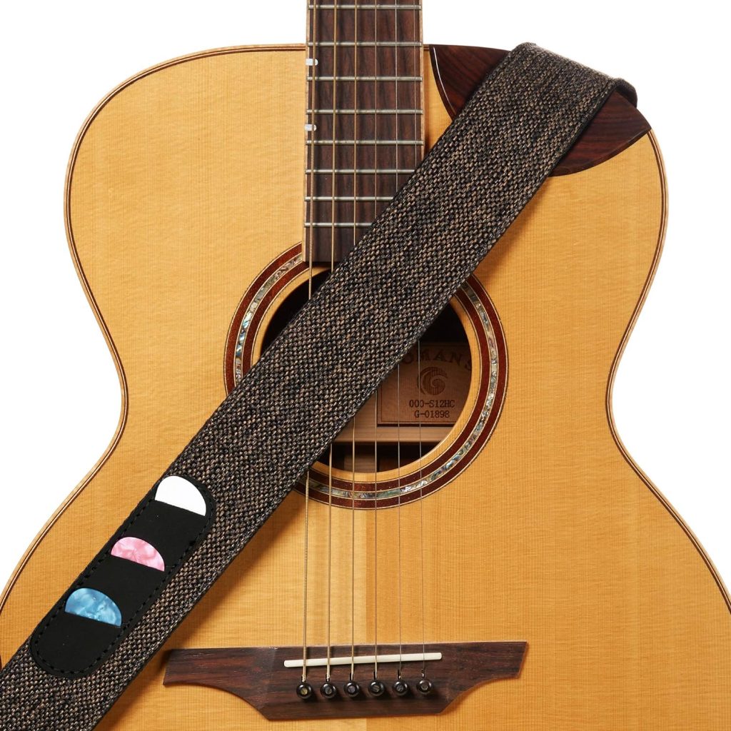 Amumu Guitar Strap Woven Brown for Acoustic, Electric and Bass Guitars with Pick Holder  Strap Blocks  Headstock Strap Tie - 2 Wide