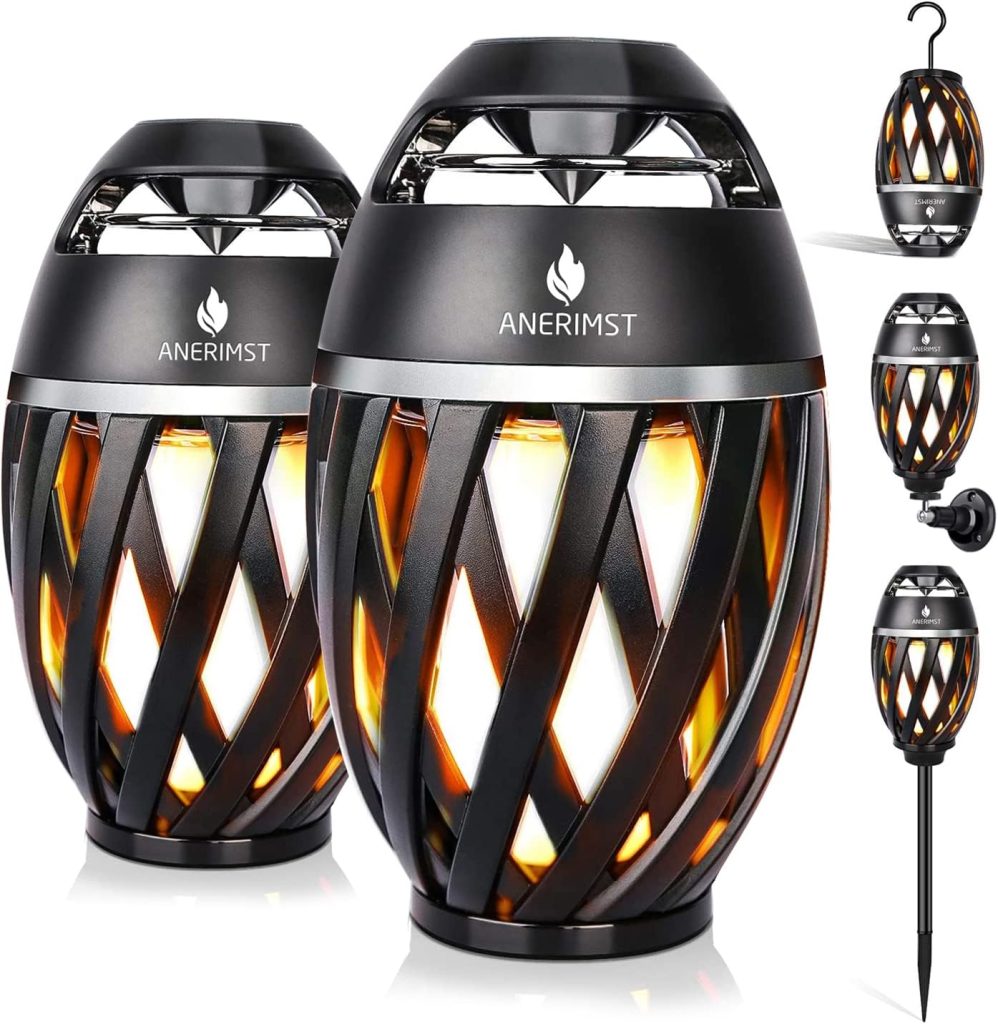 ANERIMST Outdoor Bluetooth Speakers, Waterproof Wireless Speakers with Torch Flame Light, Cool Gadgets for Men Women, LED Lantern for Grilling Gardening Camping Patio Hot Tub, 2 Pack (Black)